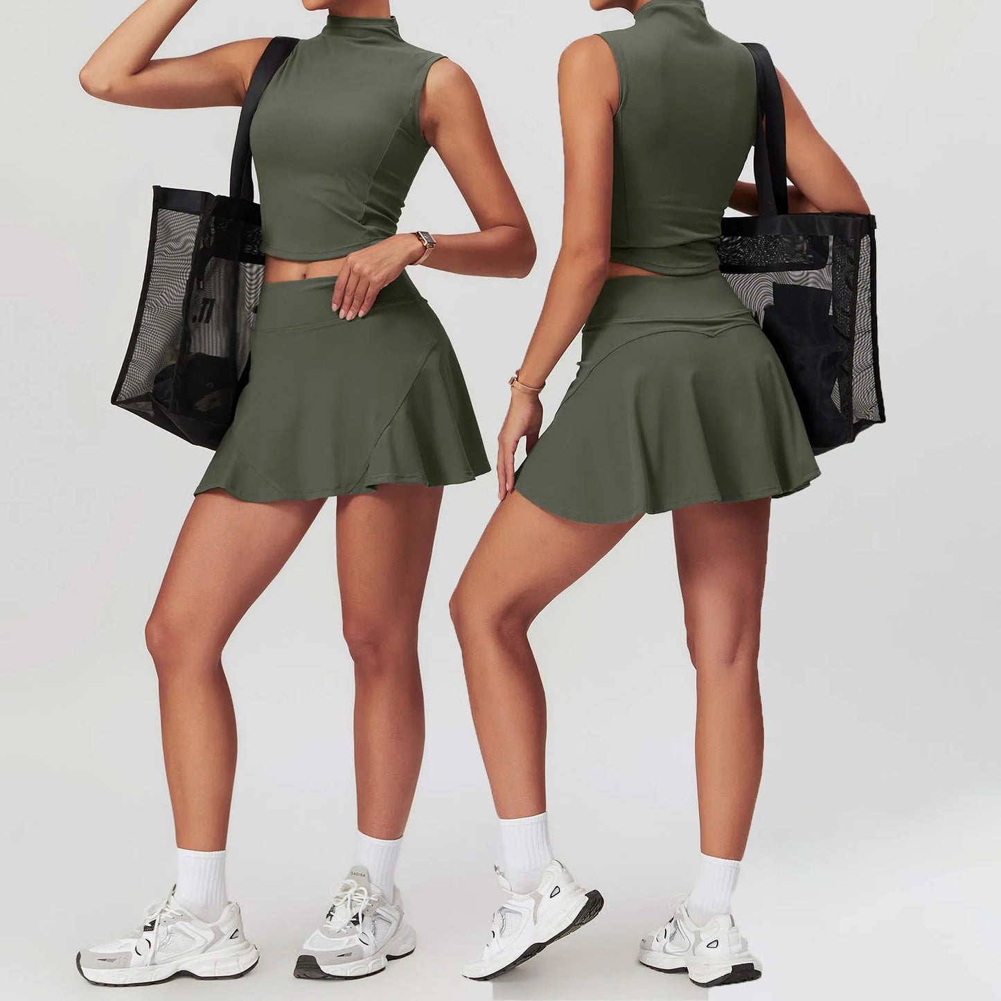 Ladies Quick Dry Workout High Neck Crop Tank Top and 2 in 1 Skirt Sets  Pickleball Wear 2 Piece Set