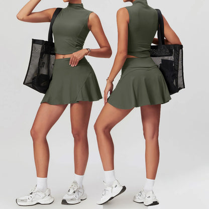 Ladies Quick Dry Workout High Neck Crop Tank Top and 2 in 1 Skirt Sets  Pickleball Wear 2 Piece Set