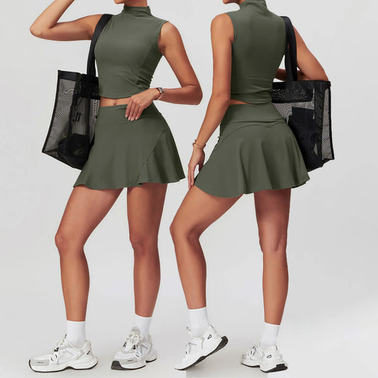 Ladies Quick Dry Workout High Neck Crop Tank Top and 2 in 1 Skirt Sets  Pickleball Wear 2 Piece Set