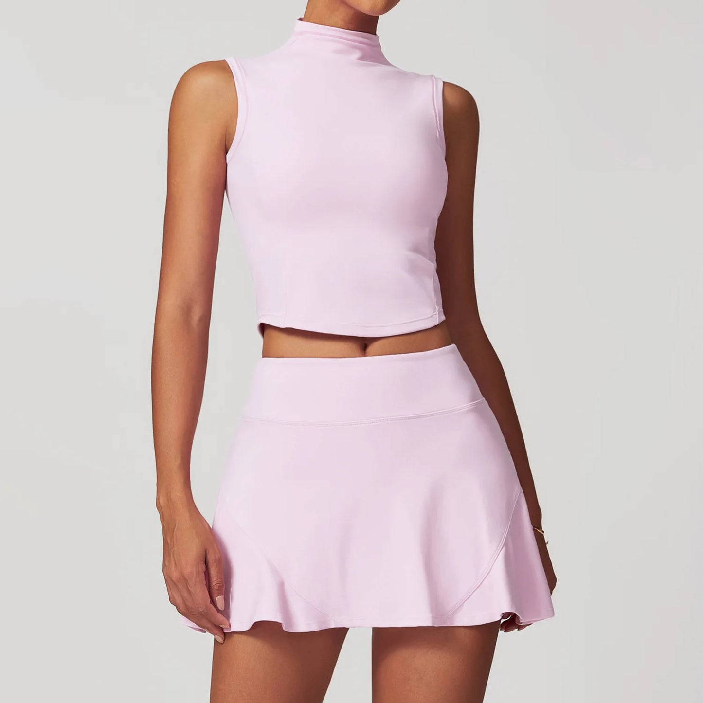 Ladies Quick Dry Workout High Neck Crop Tank Top and 2 in 1 Skirt Sets  Pickleball Wear 2 Piece Set