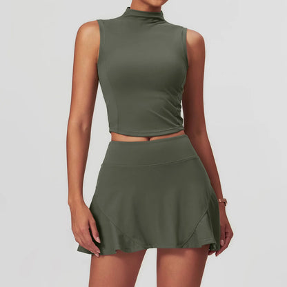 Ladies Quick Dry Workout High Neck Crop Tank Top and 2 in 1 Skirt Sets  Pickleball Wear 2 Piece Set